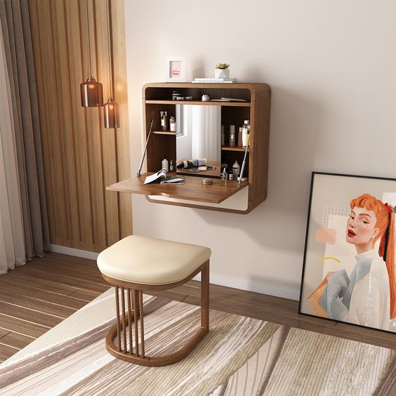 Walnut Makeup Vanity and Cushioned Stool Set Wall Mounted Vanity Table Movable Mirror Walnut Makeup Vanity and Cushioned Stool Set Wall Mounted Vanity Table Movable Mirror