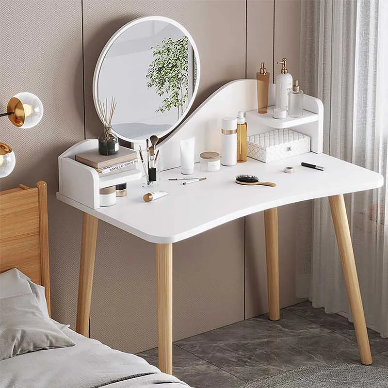 White Scandinavian Minimalist Makeup Round Mirror Dressing Table White Scandinavian Minimalist Makeup Round Mirror Dressing Table