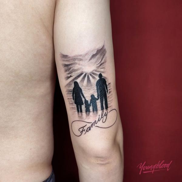 First tattoo. Design inspired by family picture. Background is Lake Garda  in Italy ... Special spot for our family. Done by Aron Horvath at Cirusso  Antwerp. Thoughts? : r/TattooDesigns