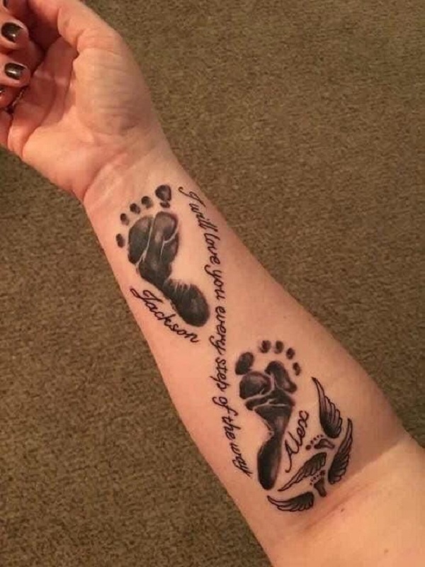 Footprint infinity tattoo with scripts I will love you every step of the way
