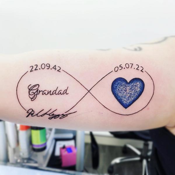 Infinity tattoo with fingerprinted heart symbol and dates for Grandad