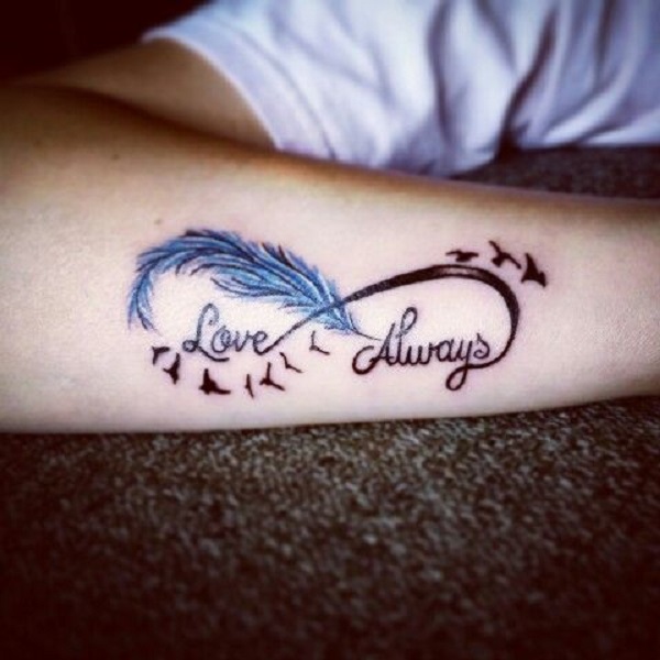 Love always feather infinity birds tattoo