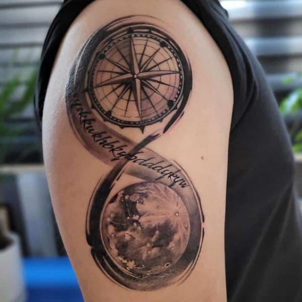 Realistic tattoo with a compass and clouds infinity
