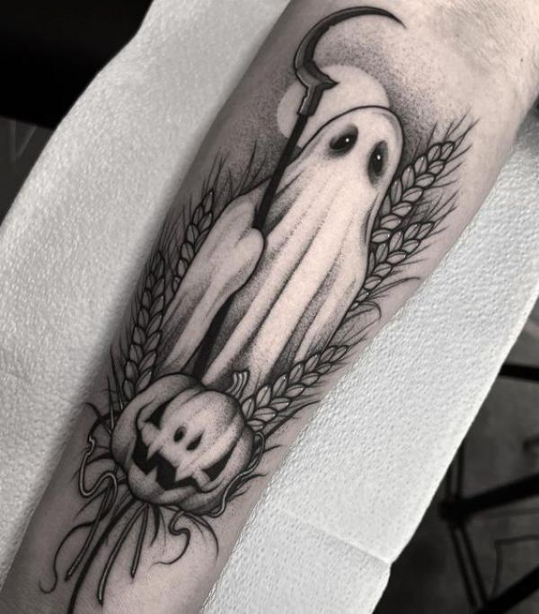 A ghost stands at a pumpkin