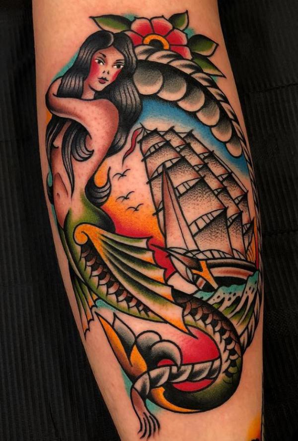 American traditional mermaid and boat tattoo