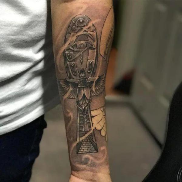 Ankh with Eye of Ra Scarab Beetle and Pyramid tattoo