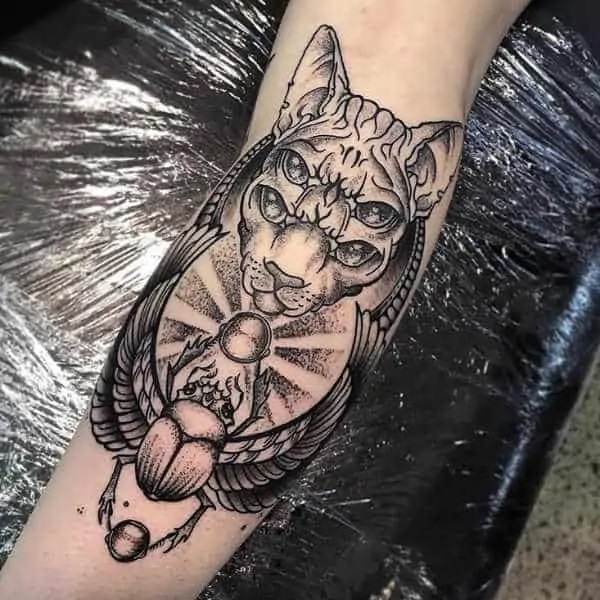 Anubis and Scarab Beetle tattoo black and grey