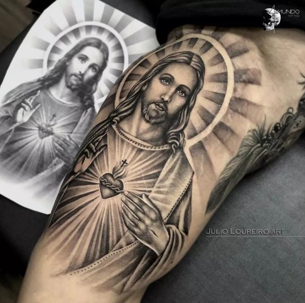 Black and grey Jesus with sacred heart tattoo