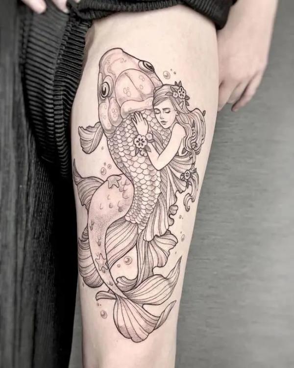 Black and grey koi fish and mermaid tattoo