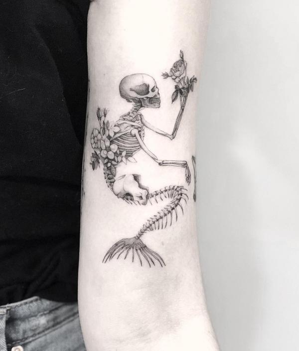 Black and grey skeleton mermaid with flowers