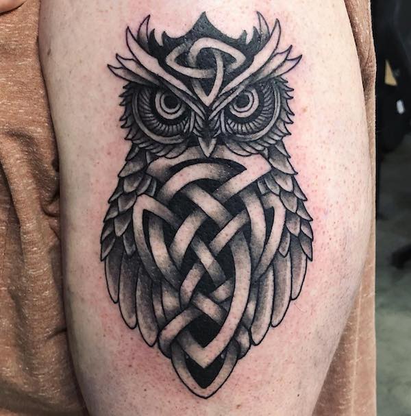 Black and white Celtic knot owl tattoo