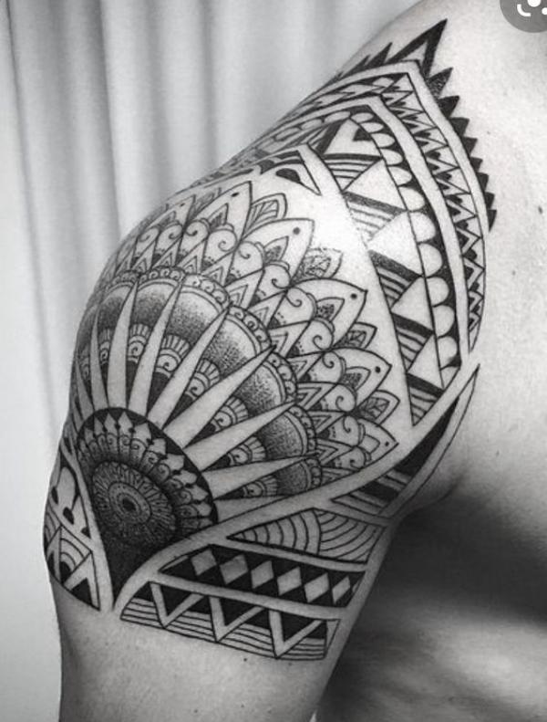 Black and white mandala shoulder tattoo for men