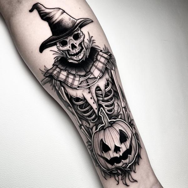Black and white pumpkin and skeleton tattoo