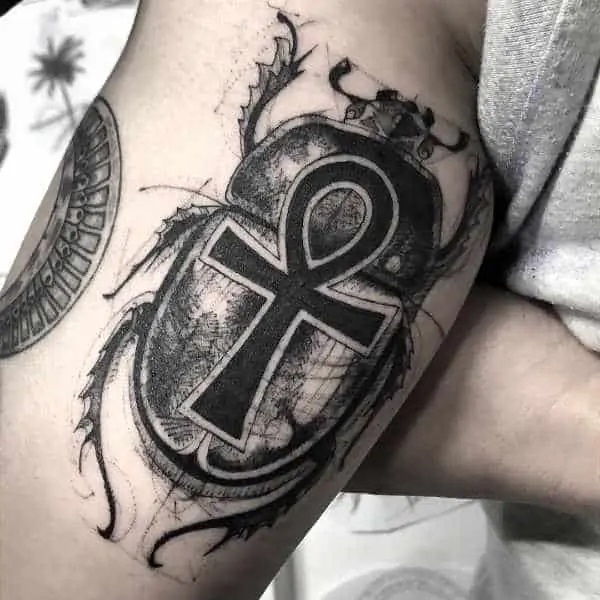 Blackwork Scarab Beetle with Ankh tattoo