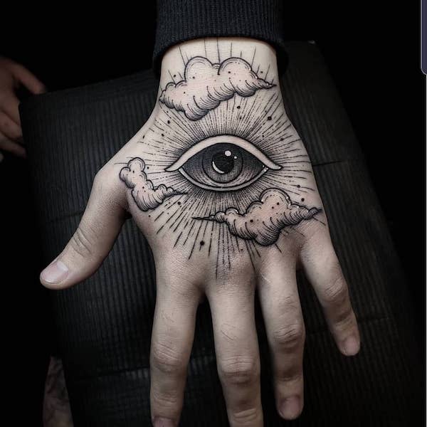 Cloud and eye hand tattoo