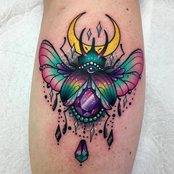 Colored Scarab Beetle with moon and stars tattoo