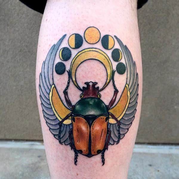 Colored Scarab Beetle with moon phase tattoo