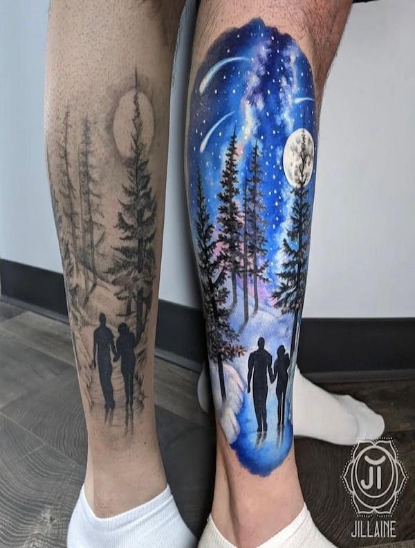 Lovers under blue night leg tattoo