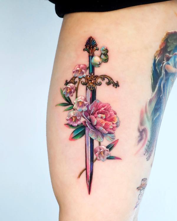 Dagger through flowers