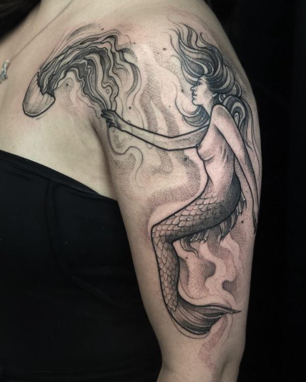 Dotwork mermaid and jellyfish tattoo
