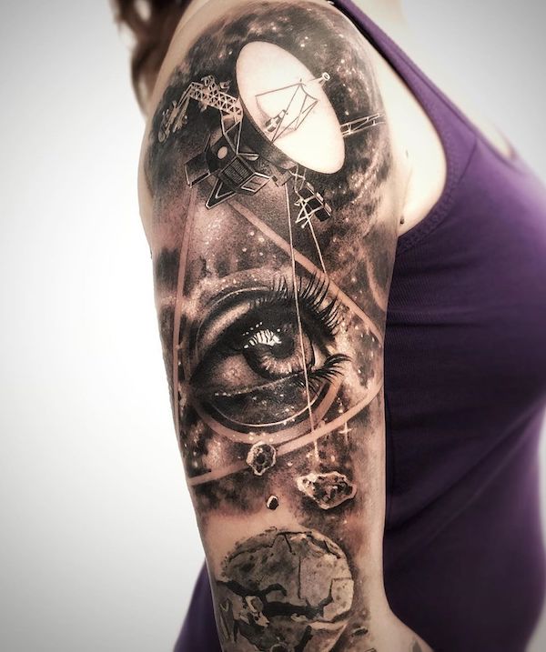 Eye and satellite half sleeve tattoo 1