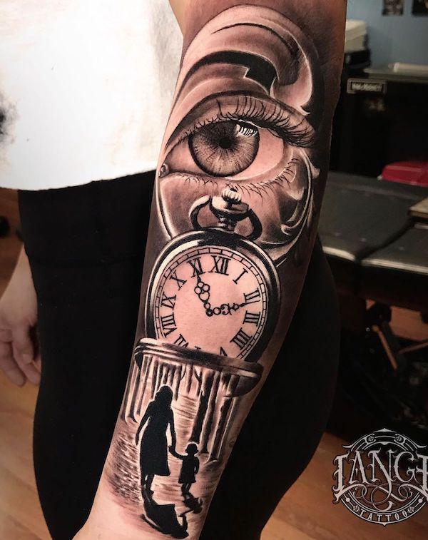 Family tattoo with mother holding hand of child under clock and eye
