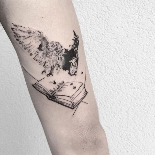 Featuring an open book as a perch for an owl tattoo