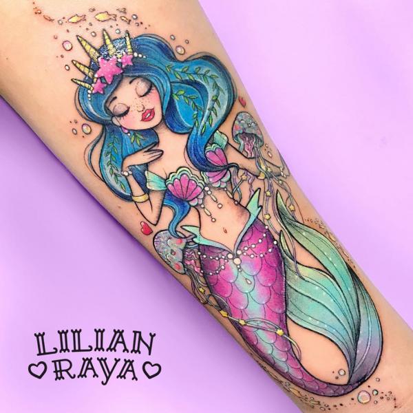 Feminine mermaid with decals of shell and jellyfish