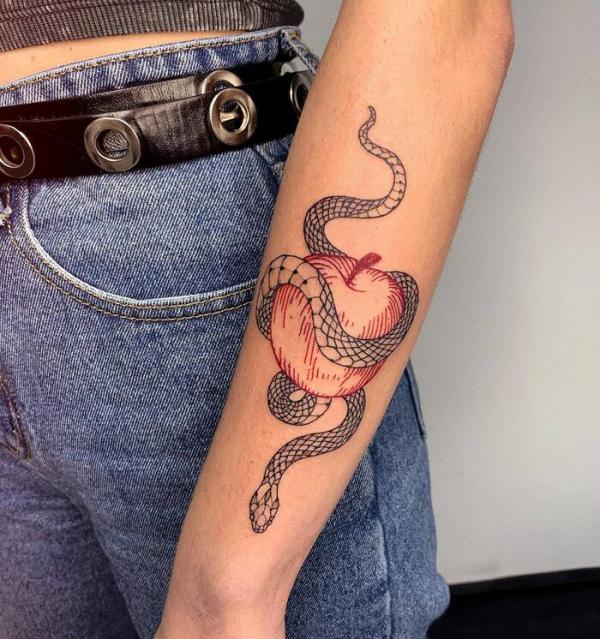 Fine line snake and apple tattoo