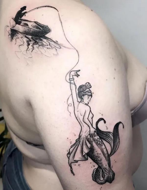 Fishing mermaid drawing tattoo
