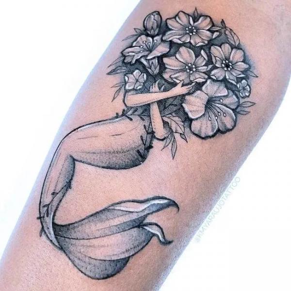 Floral mermaid tattoo black and grey