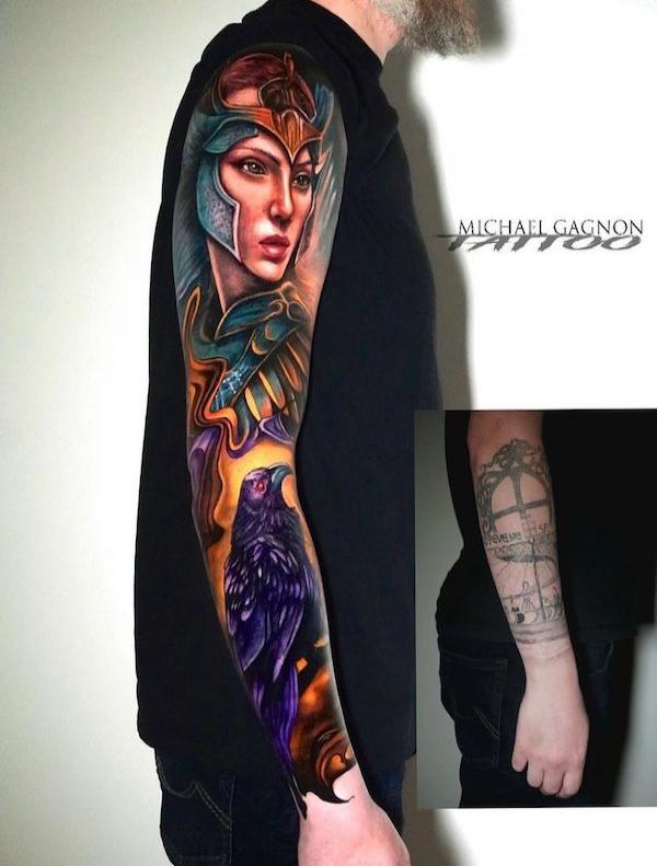 Forearm tattoo extended to a warrior and raven full sleeve ink
