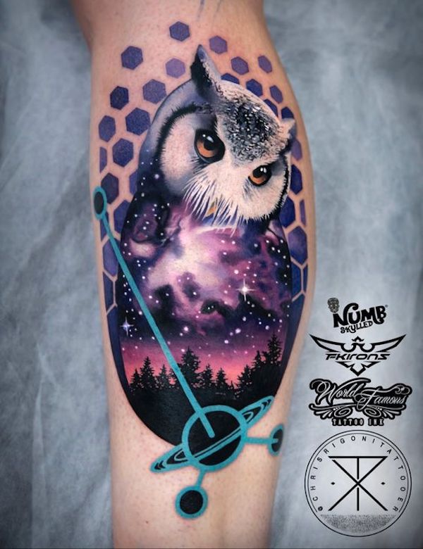 Galaxy owl tattoo with hexagon backdrop