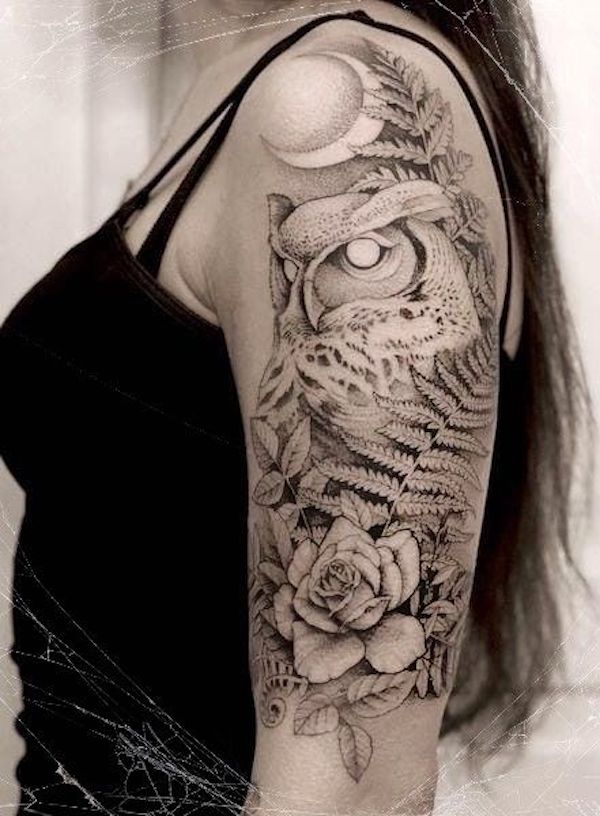 Gothic owl surrounded by fern and rose