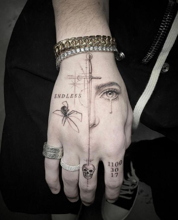 Hand tattoo of endless tear with spider and skull