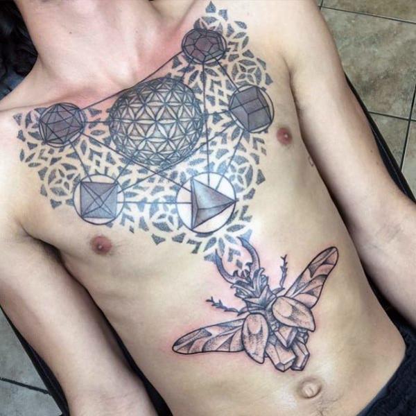 Heart geometric patterns and scarab tattoo