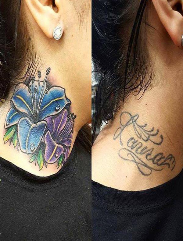 Lily flowers neck cover up tattoo