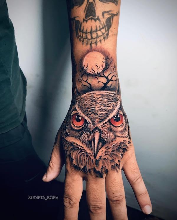 Colour owl hand tattoo by Tek  Tattoo time lapse  YouTube