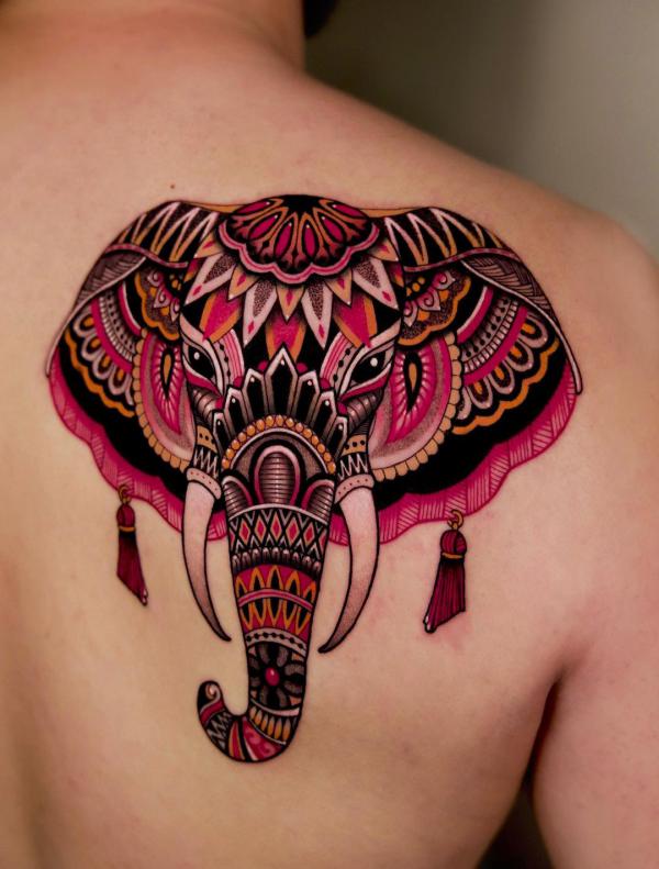 Mandala elephant shoulder blade tattoo