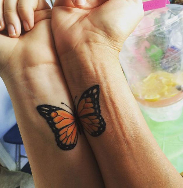 Monarch butterfly matching tattoos on wrist