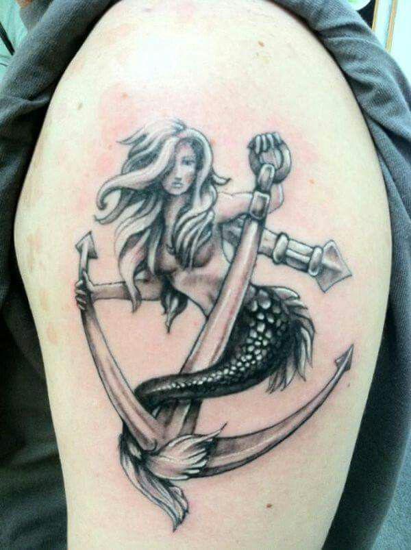 Mermaid and anchor tattoo black and grey
