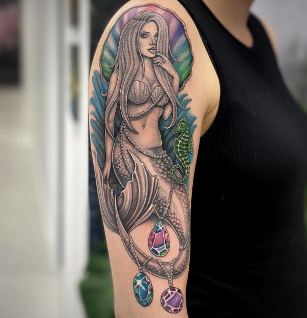 Mermaid and seahorse with diamonds tattoo
