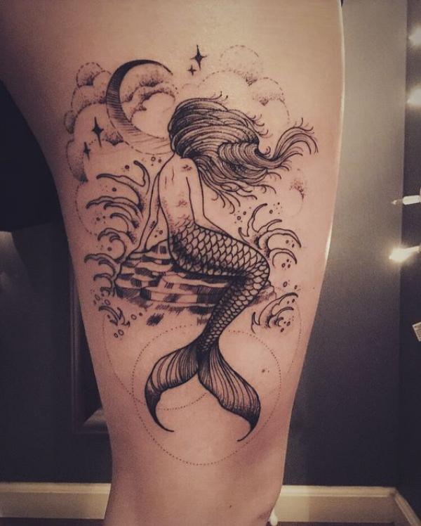 Mermaid under crescent moon and stars tattoo