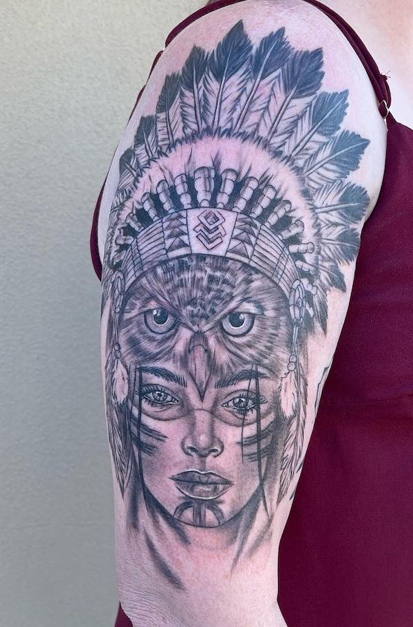 Native American girl with owl headdress