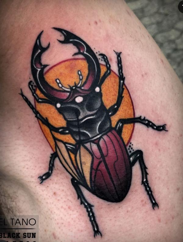 Neo traditional Scarab Beetle and sun tattoo