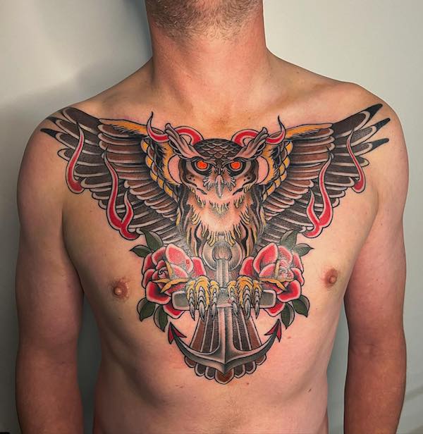 Chest tattoo of an owl by Matt Driscoll TattooNOW