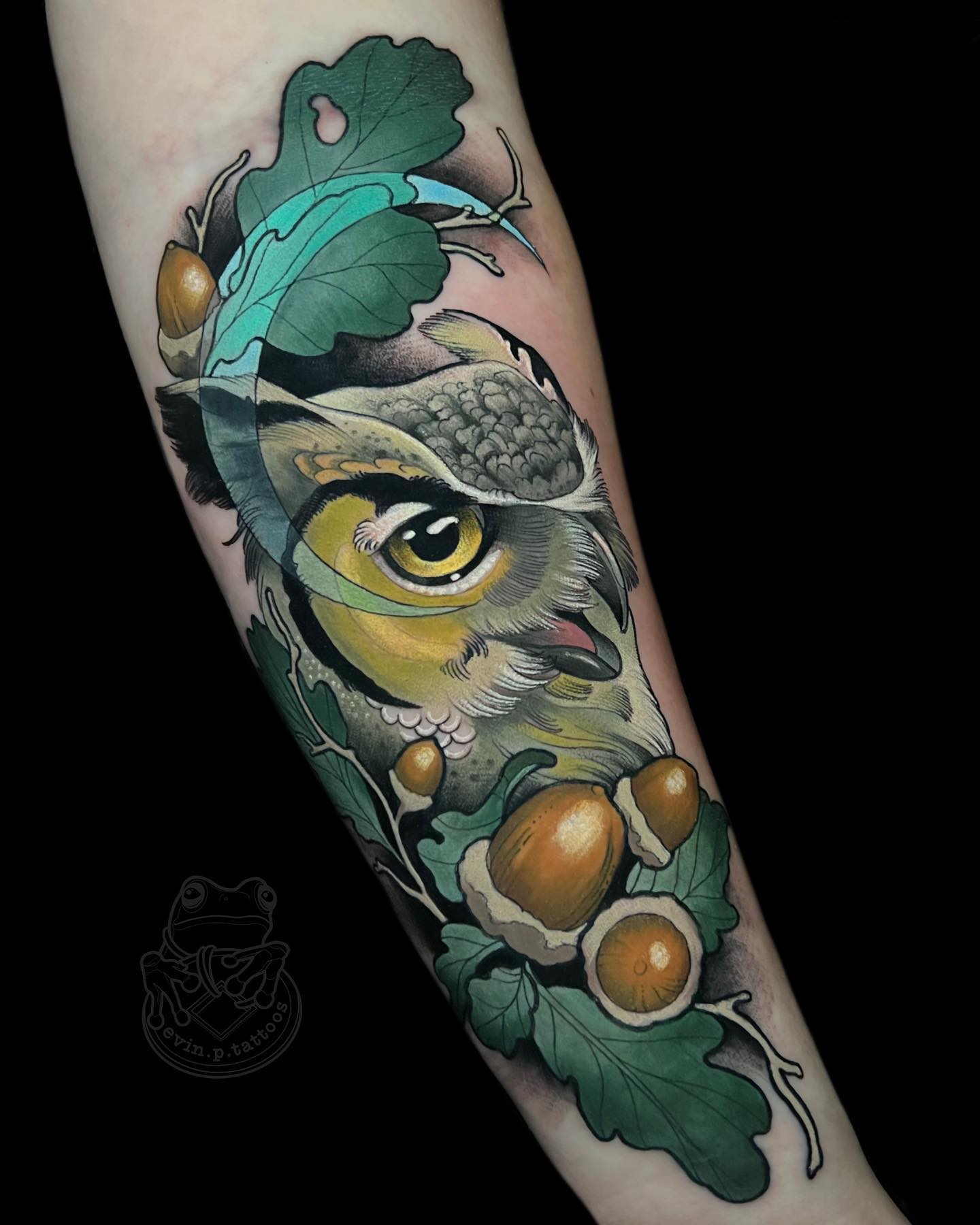 Owl and nuts tattoo in new school style
