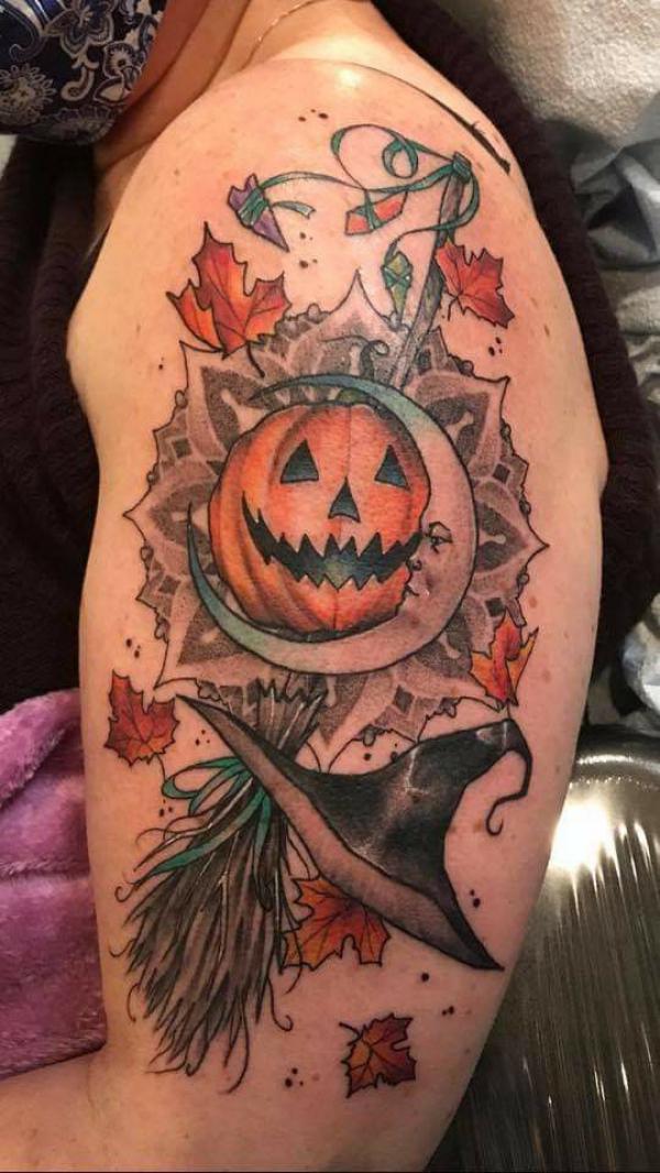 Pumpkin and moon face with maple leaves