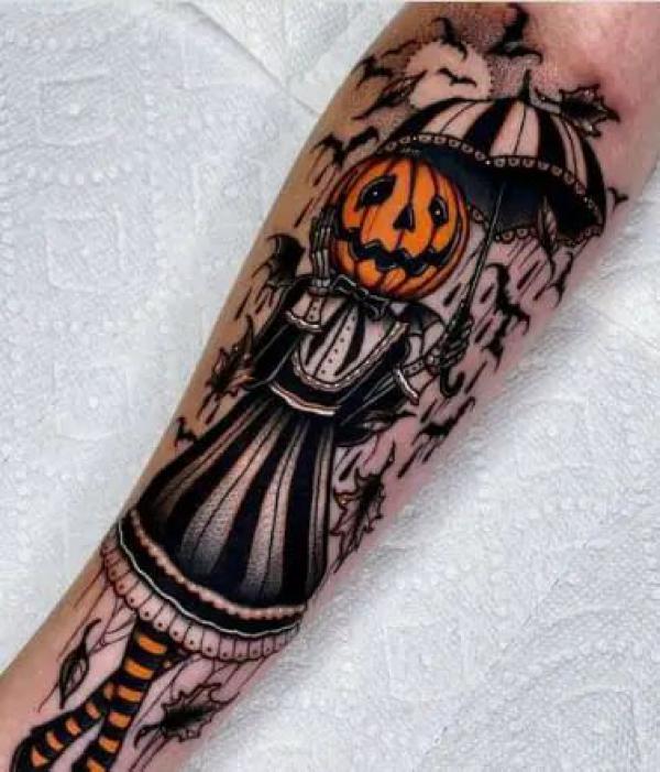 Pumpkin girl holding an umbrella