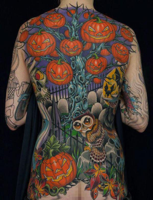 Pumpkin tree and owl tattoo full back